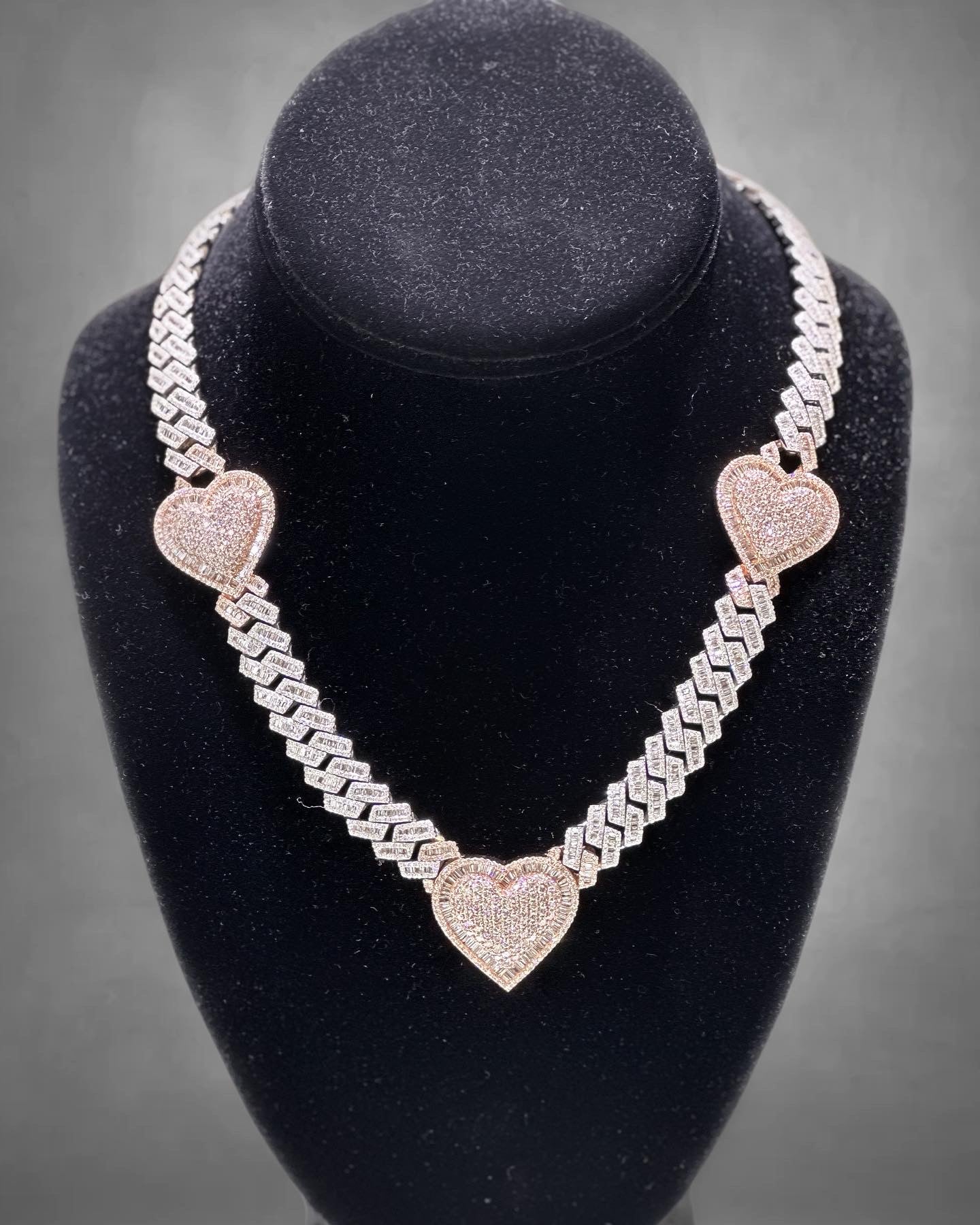 16.57CT Baguette & Round Diamond Hearts 10K Chain